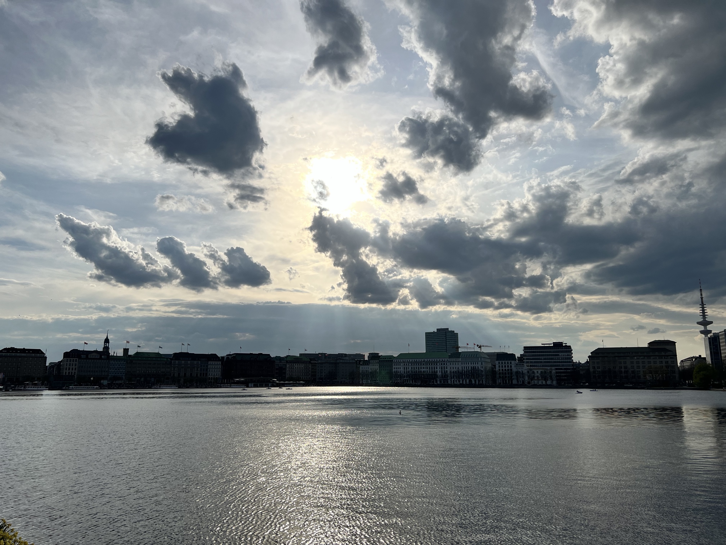 Alster with sun rays and TV tower