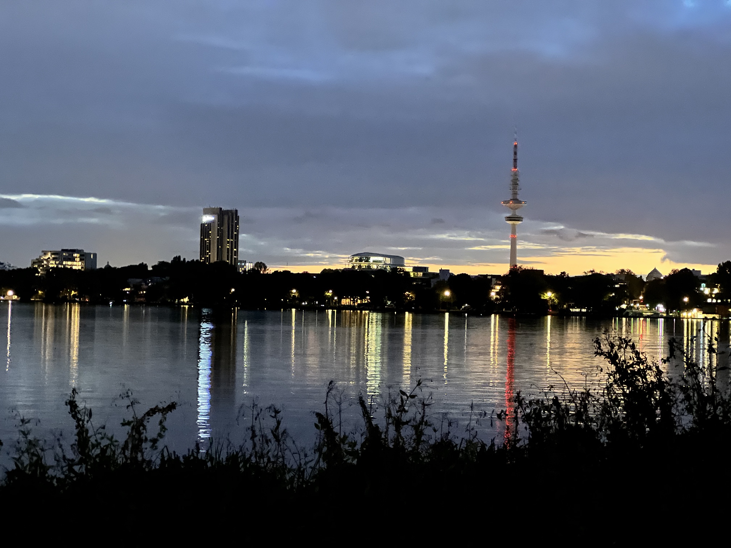 TV tower at deep night over Alster