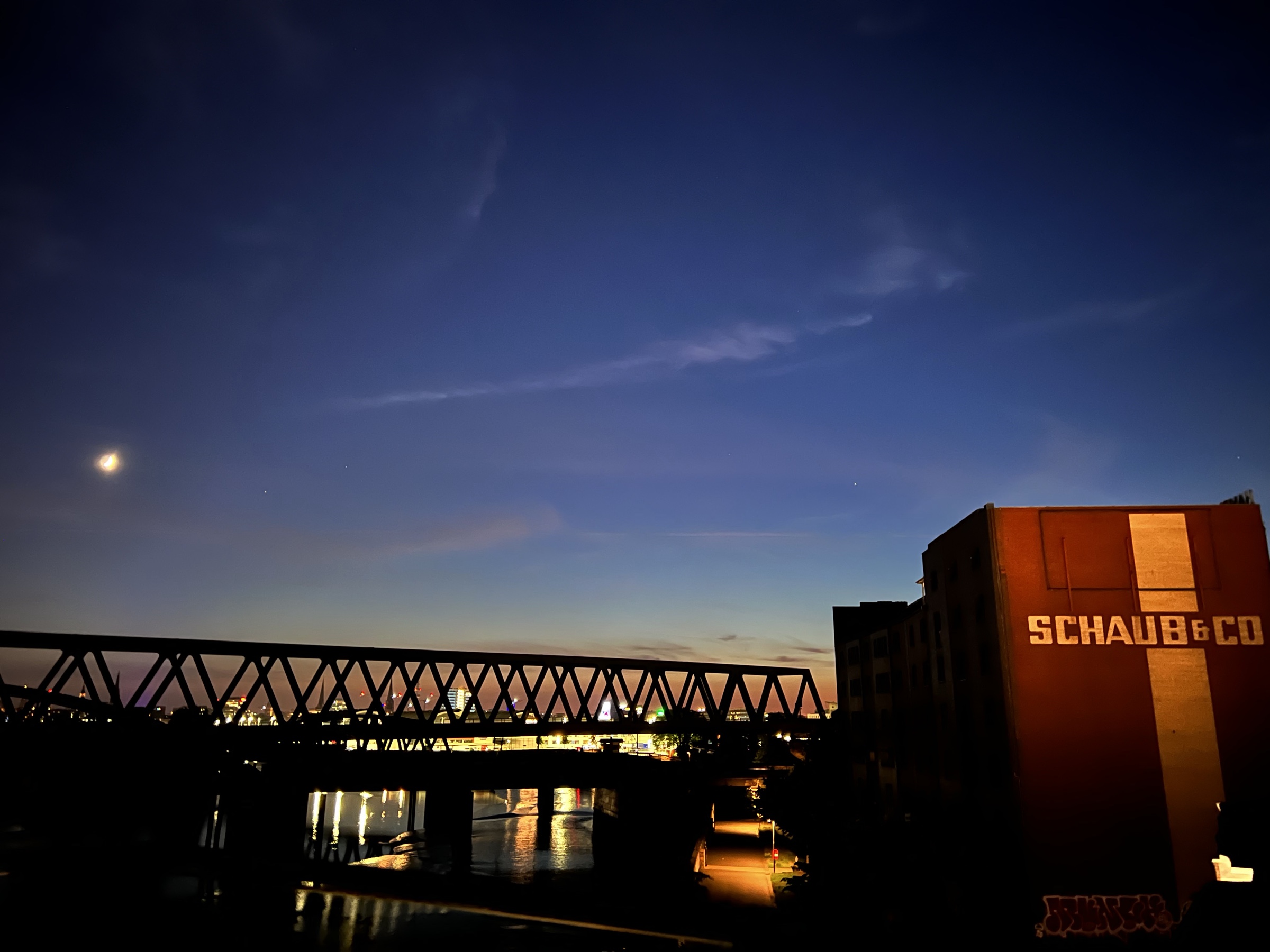 Railway bridge and Schaub warehouse