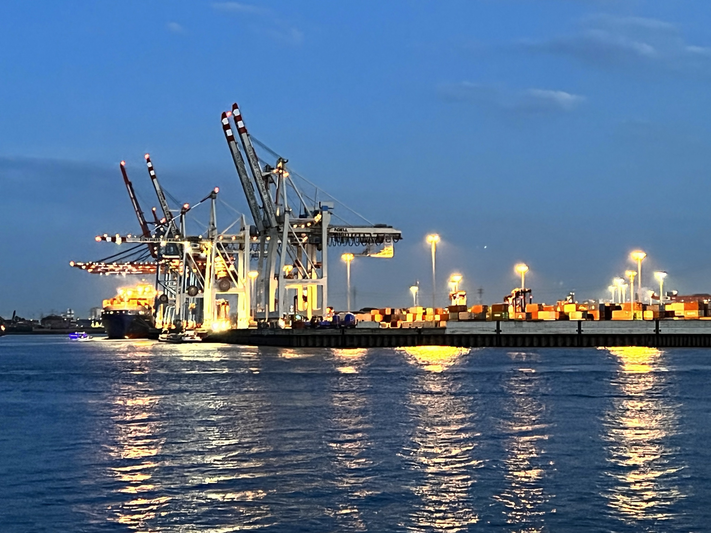 Harbor cranes at blue hour