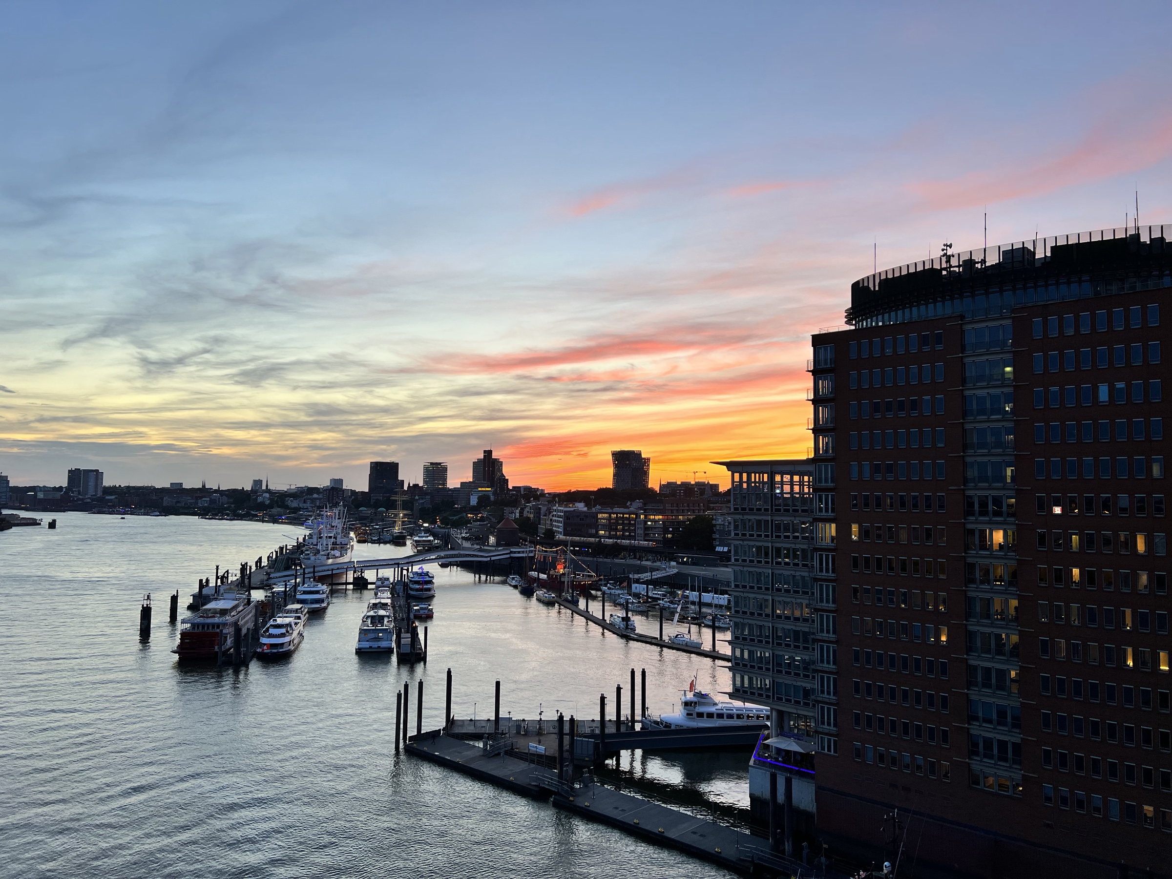 Dockland and Landungsbrücken at sunset